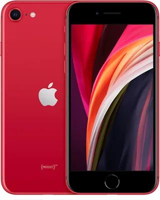 A red iPhone SE is shown from the front and back.