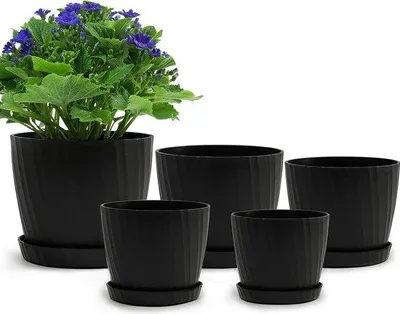 Image de Pots de fleurs en céramique, 19/17,5/16,5/15/14 cm, avec système de drainage et soucoupe, pots de fleurs décoratifs et modernes pour toutes les plantes d'intérieur, fleurs, plantes succulentes, cactus, noir