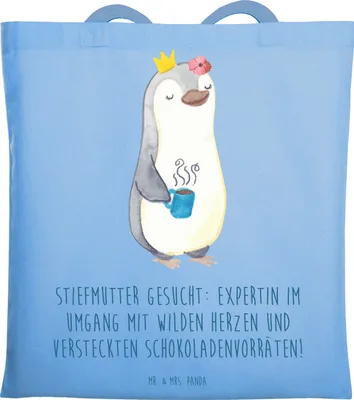 Produktbild von Mr. & Mrs. Panda schulterbeutel Stiefmutter Expertin - Sky Blue - Geschenk, Herz, Lächeln, humorvolle Sprüche, Stiefkind, Dankeschön, Tasche, Verwandte, Baumwolltasche