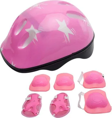 Produktbild von Famanu Schutzausrüstung Kinder - Knie-, Ellenbogen- und Handgelenkschützer mit Helm - Rosa