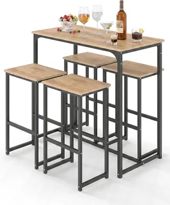 Produktbild von Bartisch Holz Küche, Bartisch mit Barhocker Set, Stehtisch Holz Outdoor, Hochtisch Küche mit Stühlen Set, Vielseitiges modernes Design Bistrotisch mit 4 Stühlen