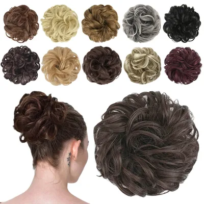 Produktbild von Haarteil Mit Gummiband, Dutt Haarteil Haargummi Mit Haaren Gelockt Haardutt Synthetisch Haar Haarverlängerung Pferdeschwanz Haarteile für Damen Mädchen, Dunkelbraun 42g