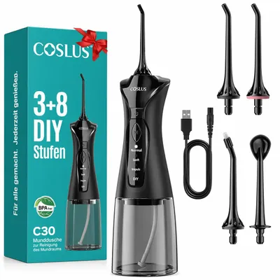 Produktbild von COSLUS Munddusche Kabellos Elektrischer Zahnreiniger: 4 Modi Mundduschen Kabellos 300ml Wassertank Munddusche Schnellladung für 30 Tage Akkulaufzeit