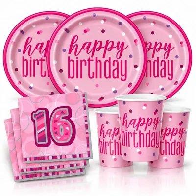 Produktbild von 16. Geburtstag Partyset Einweggeschirr rosa pink 32 tlg.