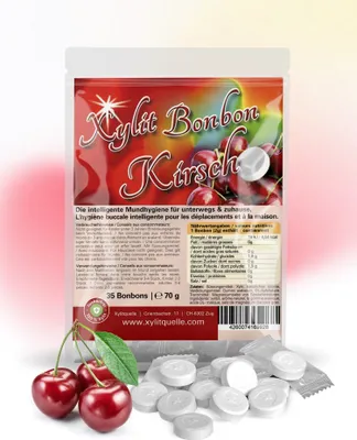 Produktbild von Xylit Birkenzucker Bonbons KIRSCH | 100% mit Xylit gesüsst | 70g Inhalt | 35 Bonbons einzeln verpackt | mit natürlichem Aroma | zahnfreundlich