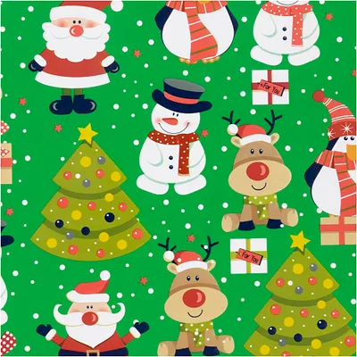 Produktbild von Creativ Company Geschenkpapier, Weihnachtsmann, Weihnachtsbaum, Weihnachtsgeschenk, Rentier, Schneemann und Pinguin, B: 50 cm, 80 g, grün, 100 m, 1 Rolle
