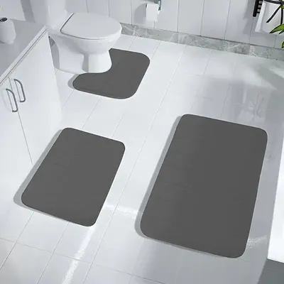Produktbild von OKWISH 3 Stück Badteppich Badematten Set Waschbar rutschfest Badvorleger Duschvorleger Duschmatte Badteppich für Badezimmer Dunkelgrau