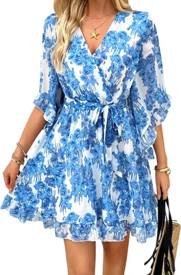 Produktbild von ASKSA Sommerkleid Damen Kurz Elegant Blumen Chiffon V-Ausschnitt Wickelkleid (Blau-Weiss,L)