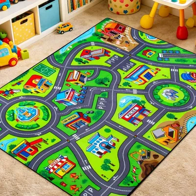Kinderspielteppich 60x90 cm, rutschfest, waschbar, Stadtmotiv