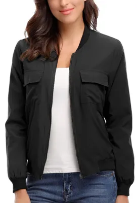 Image de Veste bomber pour femmes - Légère, avec fermeture éclair et plusieurs poches - Noire