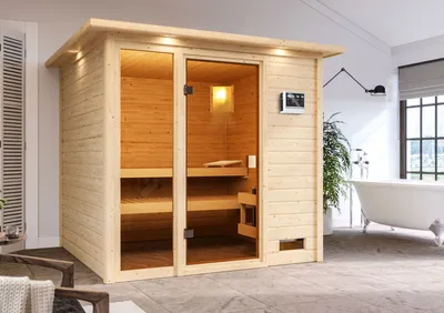 Produktbild von Karibu Sauna Innensauna Jutta Fronteinstieg Ofen 9 KW externe Strg easy 224x210x191 cm mit Dachkranz
