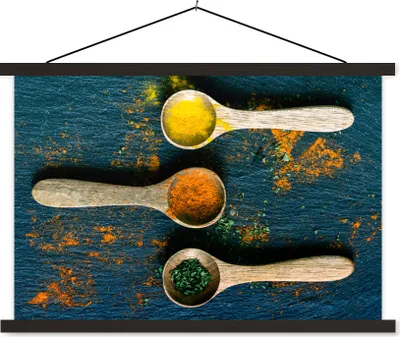 Produktbild von MuchoWow® Textilposter Gewürze - Löffel - Kräuter - Braun - Gelb - Grün 150x100 cm mit schwarzem Rahmen - Schlafzimmer
