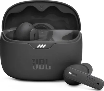 A pair of black JBL wireless earbuds and their charging case are displayed against a white background.