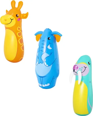 Three inflatable bop bags shaped like animals: a giraffe, an elephant, and a walrus, are displayed against a white background.