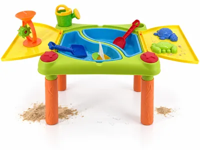 Imagen del producto de Relaxdays, mesa de juegos con agua, 2 compartimentos, muchos accesorios, dimensiones: 46 x 100 x 48 cm, estación de juego para agua y arena, plástico, de varios colores, Imagen generada por IA