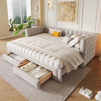 Obrázok produktu pre Postel Daybett, rozmer 90x200 cm, výsuvná na 180 cm, s 2 zásuvkami, farba: béžová