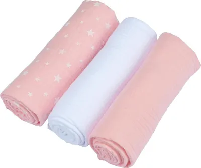 Produktbild von Bébé Douceur, Set mit 3 Mullwindeln, 100% Baumwollgaze, 1 Bedruckt und 2 einfarbig, 70 x 70 cm, Rosa und Weiß