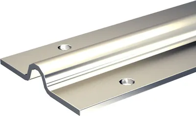 A close-up, angled view of a metal sliding door track on a white background.