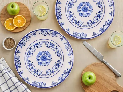 Imagen del producto de Hermia Concept, Juego de platos de servir de alta calidad (6 unidades) fabricados con cerámica 100%, color azul y blanco