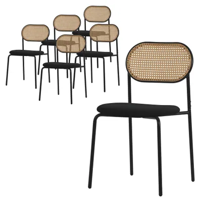 6er Set Esszimmerstühle, schwarz, PE-Rattan-Rückenlehne, Metallbeine