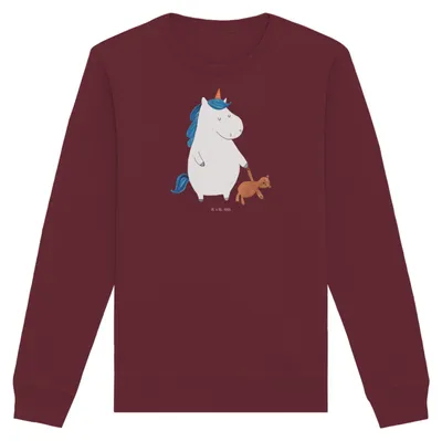 Produktbild von Mr. & Mrs. Panda Baumwoll Sweatshirt Einhorn Teddy Größe S - Burgundy - Geschenk, Unicorn, Pulli, Gute Nacht, Pullover, Bett, Sweater, schlafen, Einhörner