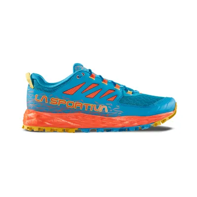 Trailrunning-Schuh "Lycan II" von La Sportiva in Blau und Orange mit gelber Sohle.