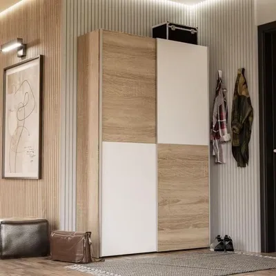 Produktbild von OZZULA Schiebetür-Kleiderschrank 2-türig, Weiß matt & heller Eiche, 120x41,6x190,5 cm, 6 Ablagen + 1 Kleiderstange, bodenstehend