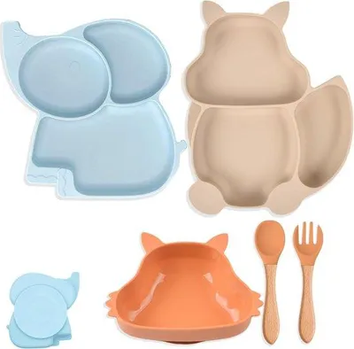 Produktbild von Silikonisches Babytischchen, 3-teilig, mit Gummizangen, Holzbesteck, wasserdicht