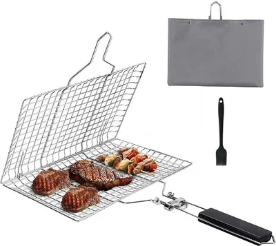 Produktbild von Grillkorb aus Edelstahl für Fisch, Steak, Garnele, Genüse, tragbar mit abnehmbarem Griff und einem Pinsel