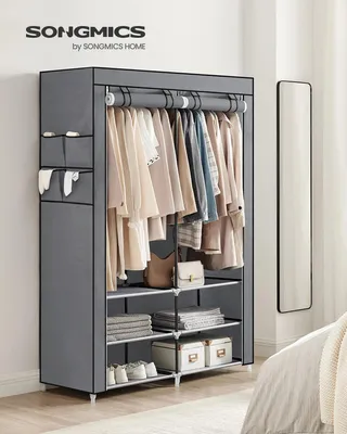 Produktbild von Stoff-Kleiderschrank - Garderobenschrank - 45 x 127 x 176 cm - 2 Kleiderstangen - 4 Seitentaschen - Mit Stauraum - Grau