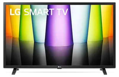 A black LG Smart TV is displayed with a colorful background of abstract shapes.