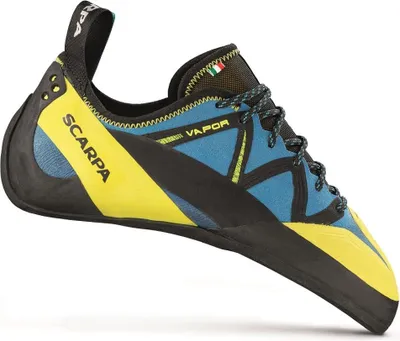 Kletterschuh Vapor von Scarpa in Blau und Gelb mit schwarzer Sohle; ideal für Herren.