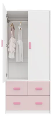 Produktbild von Merax 2-türiger Kleiderschrank 80x48x180 cm, Kinder-Kleiderschrank mit Kleiderstange und 3 Schubladen, Schlafzimmermöbel, Weiß + Rosa