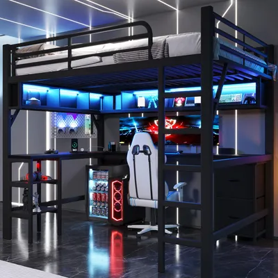 Zdjęcie produktu dla Metalowe łóżko piętrowe gamingowe 140x200 cm z biurkiem, regałem na książki, szafą, schowkiem, oświetleniem LED i USB, Czarne