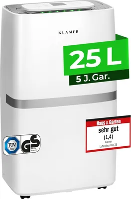 A white dehumidifier with promotional overlays and certification logos.