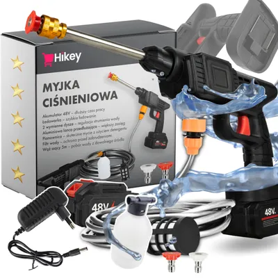 Zdjęcie produktu dla Hikey Myjka Ciśnieniowa Akumulatorowa 48V 26Bar Ręczna Bezprzewodowa Zestaw Z Akumulatorem, Ładowarką, Pianownicą, 5m Wężem, Dyszami
