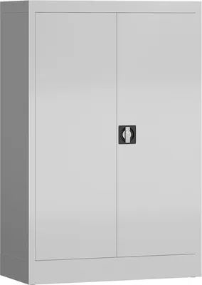 A front view of a light gray metal cabinet with two doors and a central lock.