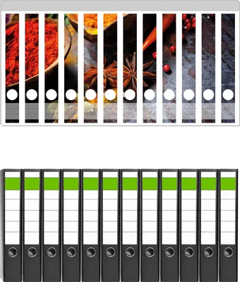 Produktbild von Wallario 12 Stück schmale Ordner inkl. Klebeetiketten mit Motive Exotische Gewürze auf einem Holztisch -  Set mit Rückenschildern / Ordnerrücken Stickern