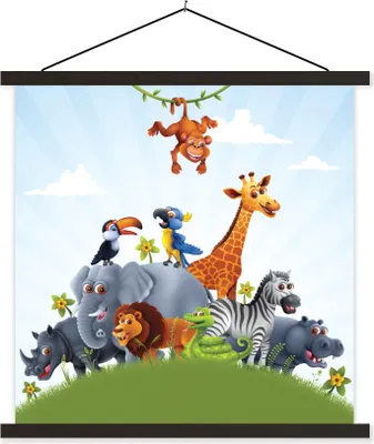 Produktbild von MuchoWow® Textilposter Dschungel - Illustration - Wildtiere - Jungen - Mädchen - Kind 120x120 cm mit schwarzem Rahmen - Aufhängungsset