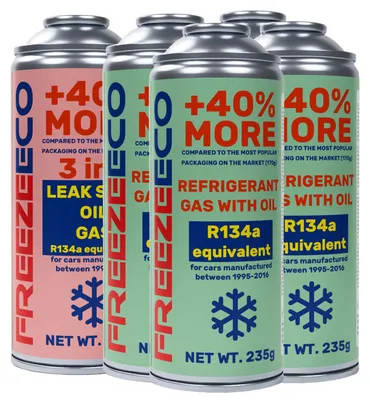 Produktbild von FreezeEco Set 4X R134a Ersatz + 3-in-1 Klimaanlagen-Kältemittel mit Öl und Dichtmittel