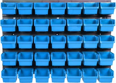 Produktbild von Wandregal mit 35 Stapelboxen | Erweiterbares Lagersystem für Werkstatt und Garage | Platzsparende Aufbewahrungslösung