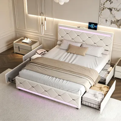 Zdjęcie produktu dla Łóżko tapicerowane INONEFT, 140x200 cm, z portem USB i oświetleniem LED, łóżko młodzieżowe/podwójne z 4 szufladami, łóżko podwójne z pojemnikiem na pościel i stelażem, obite welurem, kolor beżowy