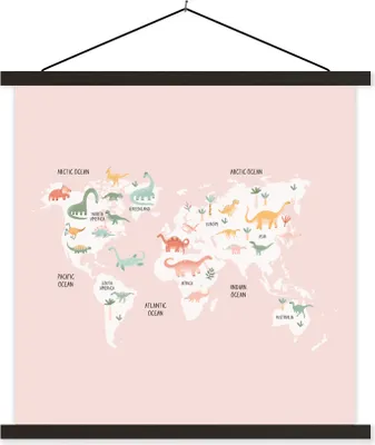 Produktbild von MuchoWow® Textilposter Weltkarte - Kinder - Dinosaurier 120x120 cm mit schwarzem Rahmen - Aufhängungsset