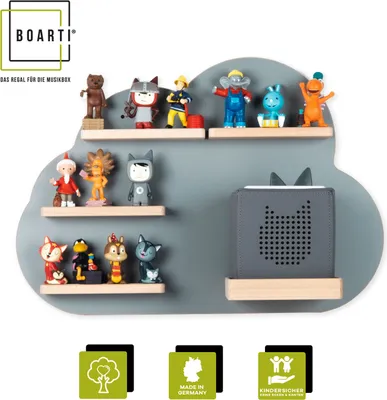 Produktbild von BOARTI Kinderregal Wolke | hängend für Toniebox und Tonie Figuren | platzsparendes Regal | H. 34 x B. 48 x T. 19 | Wandregal Musikbox Figuren Aufbewahrung mit Magneteinsätzen | Aufbewahrungsregal Holz Wolken