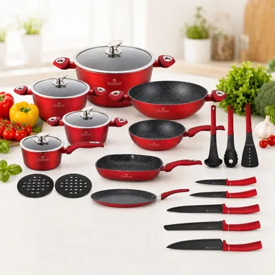 Image de Ensemble de batterie de cuisine Edenberg, 23 pièces, en rouge, comprenant des casseroles avec couvercles, des poêles et des ustensiles de cuisine. Ensemble complet, compatible avec les plaques de cuisson à induction, modèle EB5601, productTiles.product.images.aiGenerated