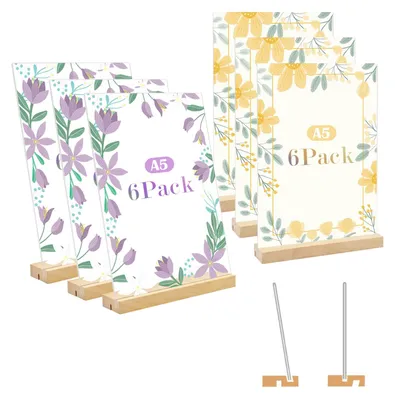 Image de Support en acrylique format A5, lot de 6, avec base en bois, porte-menus en forme de T/L