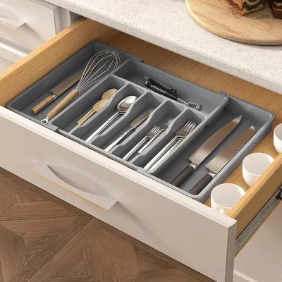 Produktbild von Ausziehbares Tablett für Schublade - Besteckaufbewahrung und Schubladen-Organizer - Grau - Kunststoff