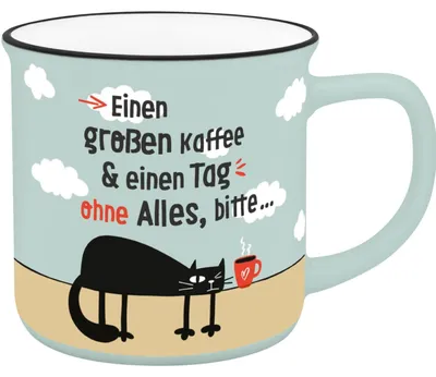 Kaffeebecher in Emailloptik, 35 cl, mit Spruch, New Bone China