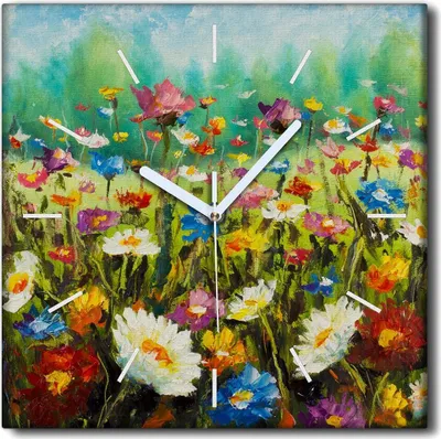 Produktbild von Coloray Uhr auf Leinwand 30x30 cm Wand Uhr Dekoration Wohnzimmer Segeltuch weiße Zeiger -Wiese Feld blüht Natur