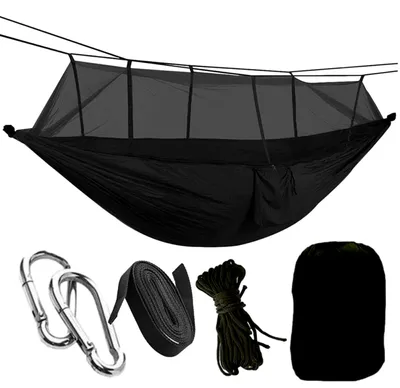Produktbild von HSXL Leichte Outdoor-Hängematte mit Moskitonetz und Zubehör – 260 x 140 cm – Schwarz – Survival-Hängematte mit Moskitonetz